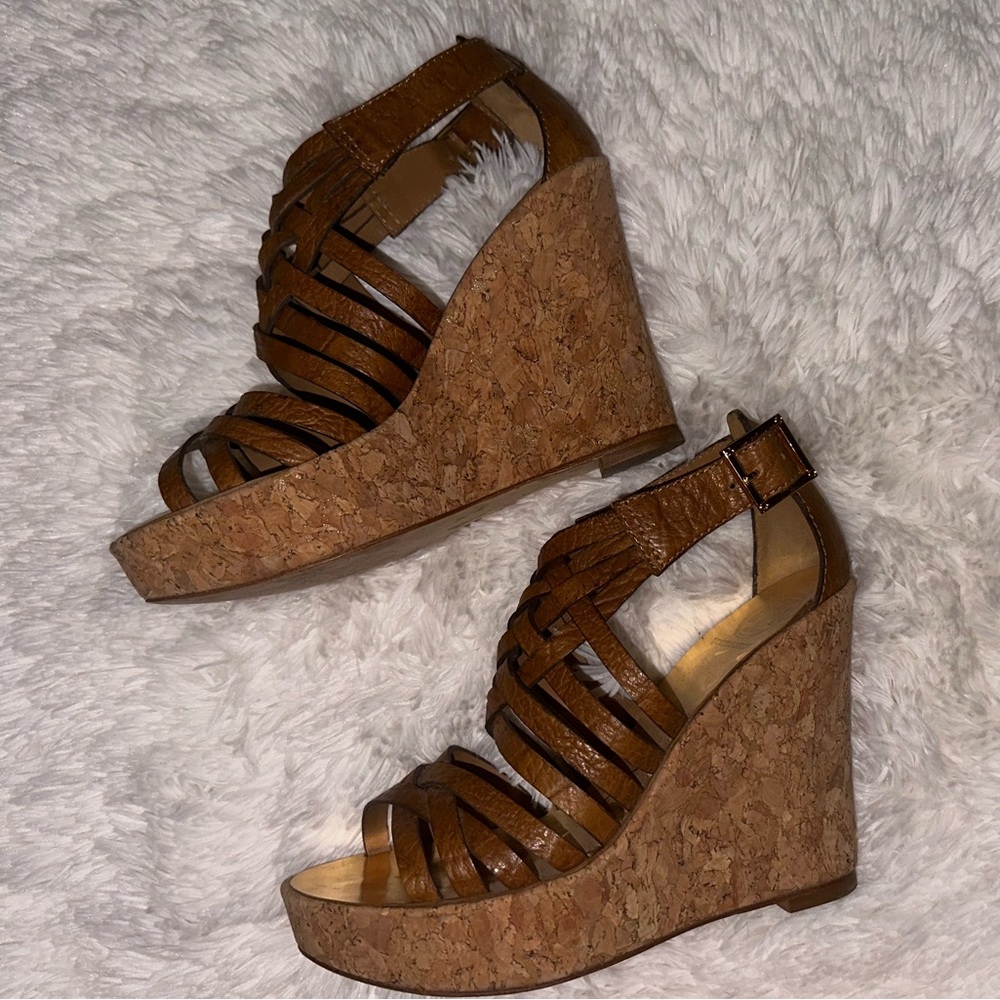 Tory Burch Anamarte Brown Leather Cork Wedge Platform Sandals